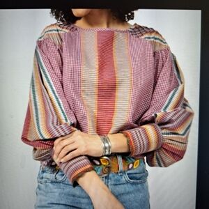 Ivy Jane Multi Check Striped Color block Long Bishop Sleeve Top SZ  XS